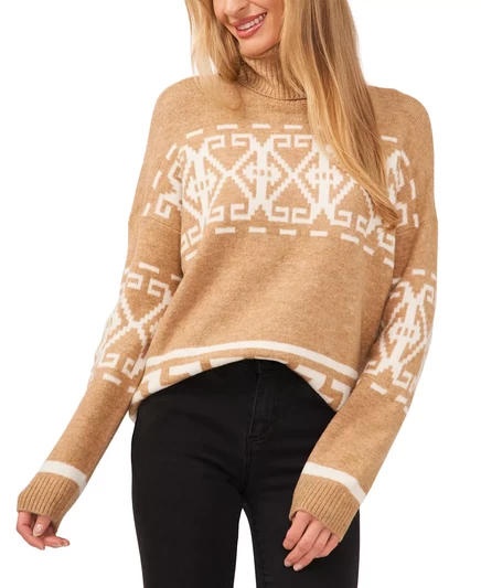  Женский свитер-водолазка Fair Isle с длинным рукавом и высоким воротом latte heather