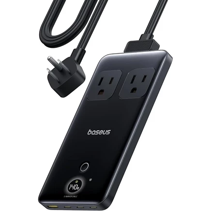 Baseus-Удлинитель 6-в-1 USB-C мощностью 140 Вт с дисплеем и плоским шнуром-Зарядная станция черного цвета