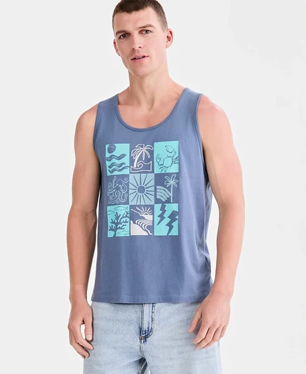 Мужская хлопковая пляжная майка Sun + Stone с графическим принтом в виде плитки Macy's Exclusive blue