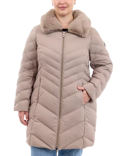 Пуховое пальто MICHAEL Plus Size с воротником из искусственного меха, созданное для Macy's taupe