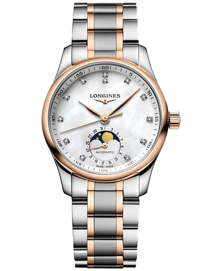 Женские швейцарские автоматические часы Longines с бриллиантом Longines Master Diamond (1/20 карата) из розового золота 18 карат и нержавеющей стали на браслете, 34-миллиметровое серебро и 18-каратное розовое золото, колпачок 200
