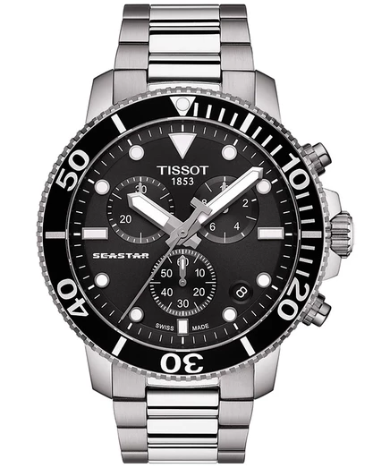 Мужские швейцарские часы Tissot с хронографом Seastar 1000 на браслете из нержавеющей стали для дайверов 45,5 мм белого цвета