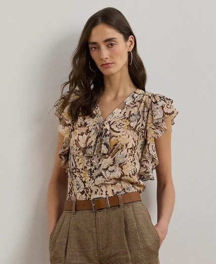  Женская блузка с завязкой на шее из цветочного жоржета brown multi