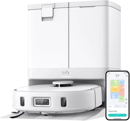 робот-пылесос и швабра eufy X10 Pro Omni, комбинированный, 8000 Па, две швабры с автоматическим подъемом на 12 мм и функцией распознавания ковров, для обхода препятствий с помощью искусственного интеллекта, белый