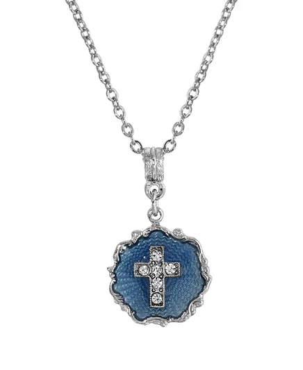 Колье Symbols Of Faith крест на синей эмали, серебристое