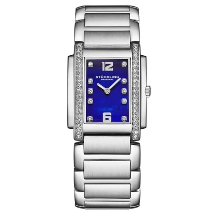 Женские кварцевые часы Stuhrling s 4089.2 Serafine прямоугольной формы с перламутровым циферблатом и безелем из кристаллов Swarovski синего цвета