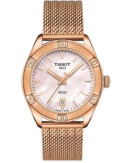 Женские швейцарские часы Tissot PR 100 Sport Chic T-Classic из розового золота с сетчатым браслетом из нержавеющей стали, 36 мм, золото