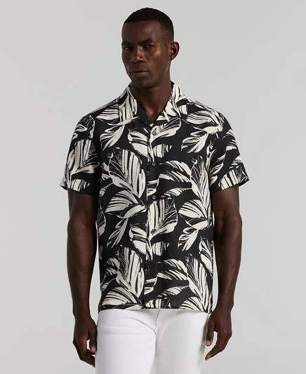 Мужская рубашка с воротником-стойкой Perry Ellis с принтом листьев, черная