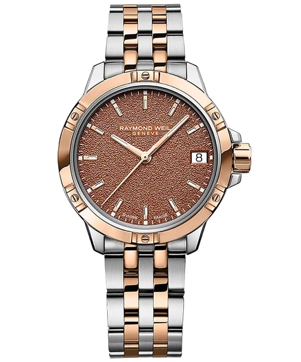 Женские швейцарские кварцевые часы Raymond Weil Tango с двухцветным браслетом из нержавеющей стали терракотового цвета толщиной 30 мм