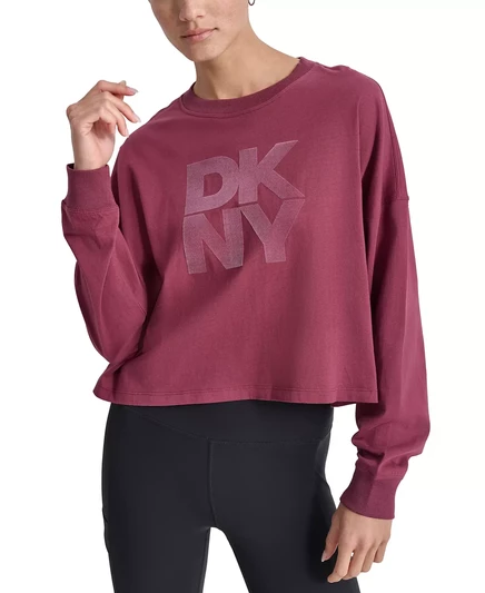  Женский хлопковый топ с длинными рукавами и логотипом DKNY burgundy