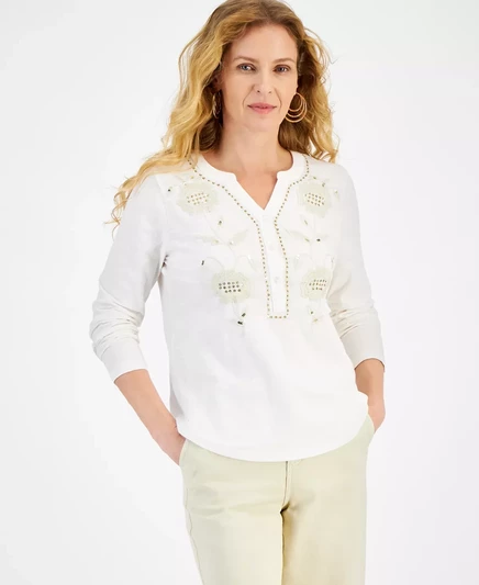  Женский хлопковый топ Henley с блестящей вышивкой, созданный для Macy's natural