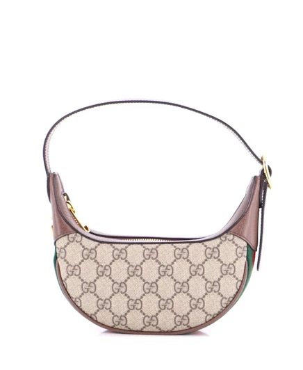 Женская сумка Pre-Owned Gucci Mini Ophidia полумесяц, коричневая