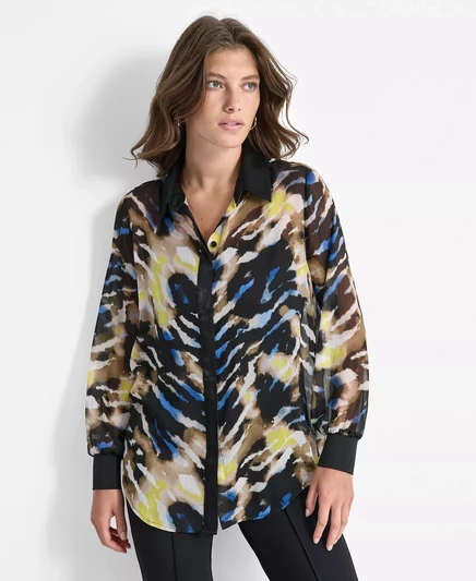 Женская блузка из гофрированного шифона с абстрактным принтом DKNY geo storm pattern