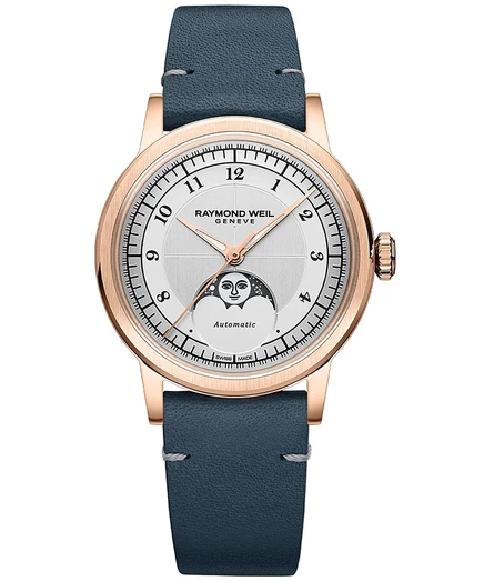 Женские часы Raymond Weil с серебряным циферблатом Millesime Automatic Moon Phase Silver, 35 мм, серебро, синий, розовое золото