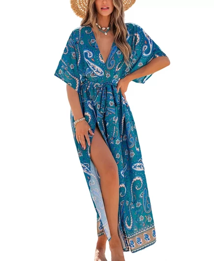 Женское пляжное платье макси CUPSHE Womens Beach Goddess Cover-Up с узором Пейсли medium blue