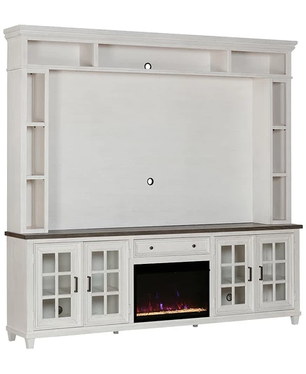 Тумба под ТВ Macy's Dawnwood 96″ с камином и надстройкой, белая