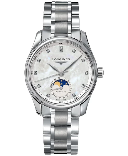 Женские швейцарские часы Longines с автоподзаводом Master Moonphase Diamond (1/20 карата), браслет из нержавеющей стали, серебро 34 мм