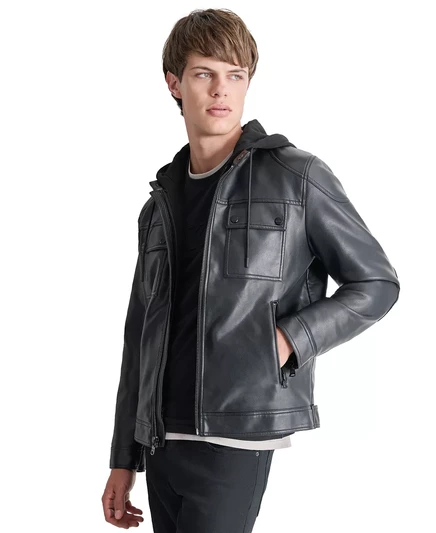 Мужская мотокуртка со съемным капюшоном  DKNY из искусственной кожи black