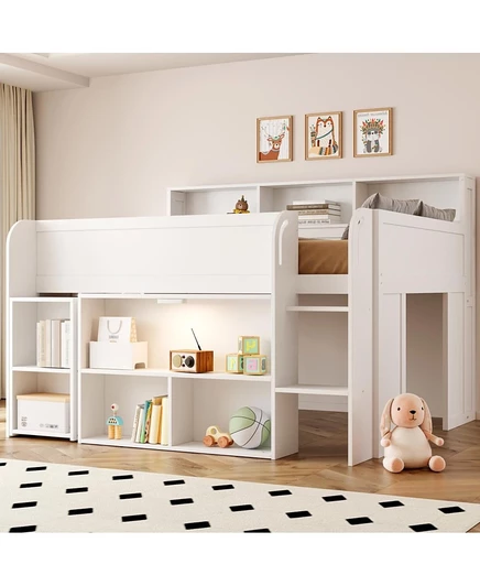 Деревянная полноразмерная кровать-чердак Streamdale Furniture с несколькими полками для хранения вещей, письменным столом и светодиодной подсветкой белого цвета