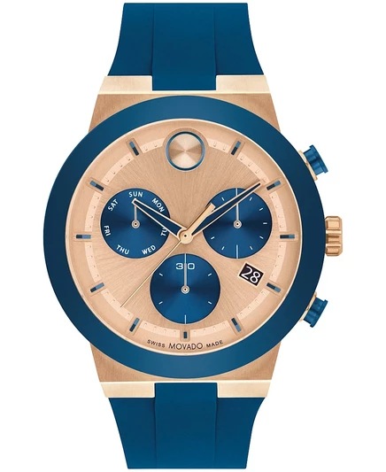 Мужские силиконовые часы Movado Bold Fusion Swiss Quartz Chrono Blue 44 мм синего цвета