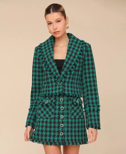  Укороченный жакет с шалевым воротником и бахромой для женщин green navy plaid