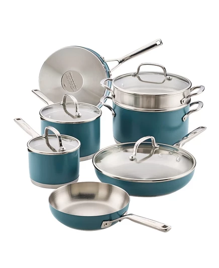 Набор посуды из нержавеющей стали KitchenAid из 11 предметов синего цвета