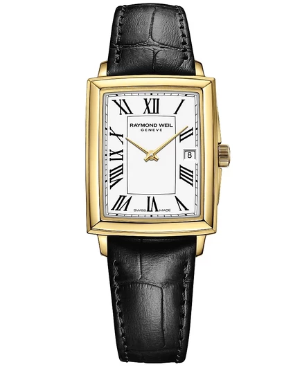 Женские швейцарские часы Raymond Weil Toccata на черном ремешке из телячьей кожи 22,6x28,1 мм белого цвета