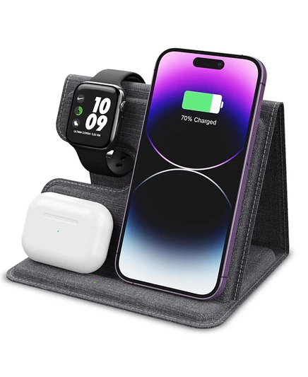 Беспроводное зарядное устройство Alpha Digital 3-в-1 Leather мощностью 18 Вт - смартфон, наушники и умные часы серого цвета