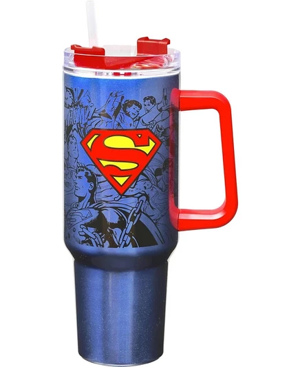 Дорожная кружка Spoontiques Superman из нержавеющей стали с двойными стенками, с соломинкой и ручкой, 40 унций