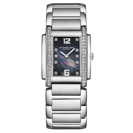 Женские прямоугольные кварцевые часы Stuhrling Serafine 4089.4 с перламутровым циферблатом и безелем из кристаллов Swarovski серого цвета