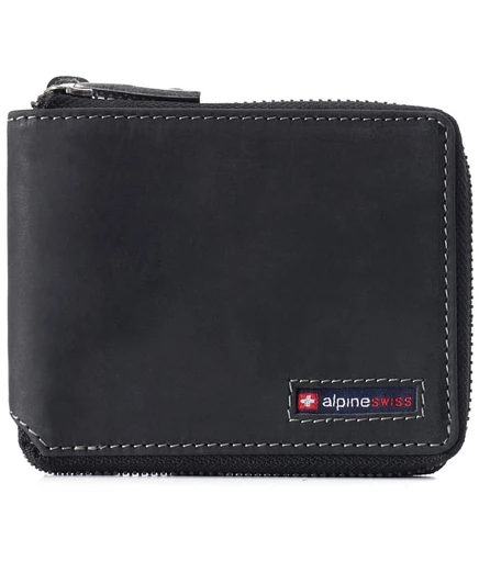 Мужской кошелек Alpine Swiss Logan Zipper кожаный с RFID, серый