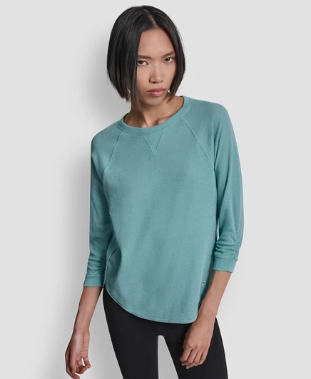 Женская футболка DKNY фактурная вафельная с присборкой, рукав 3/4, синяя