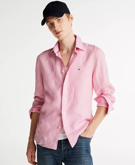  Мужская льняная рубашка обычного покроя, окрашенная пигментом classic pink