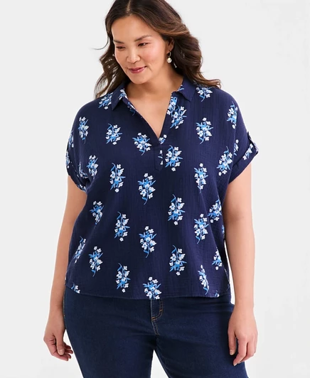 Топ-поповер Style & Co Plus Size с воротником-стойкой, эксклюзивный синий цвет Macy's