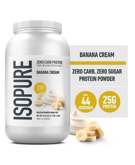 Isopure Zero Carb Чистый изолят сывороточного протеина в порошке, без лактозы, Без глютена, С витаминами, Банановый крем, 25 г белка на порцию, 44 порции без красителя