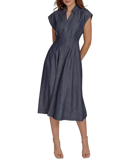  Женское джинсовое платье-рубашка миди с коротким рукавом-шапочкой dark wash