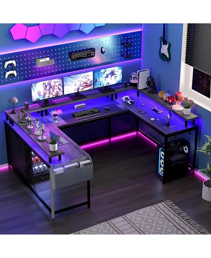 gaomon 78" Деревянные розетки и RGB-светодиоды, реверсивный L-образный стол для домашнего офиса с местом для хранения U-образный игровой компьютерный стол серого цвета
