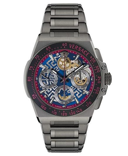 Мужские швейцарские часы с автоматическим хронографом Versace Greca Extreme Gunmetal с ионным покрытием на браслете 43 мм серого цвета