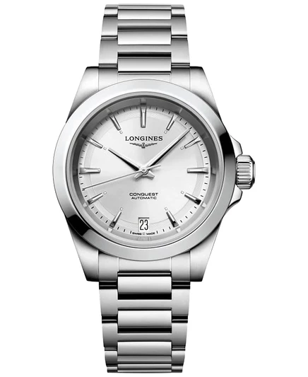 Женские швейцарские часы Longines с автоматическим управлением Conquest на браслете из нержавеющей стали 34 мм серебристого цвета