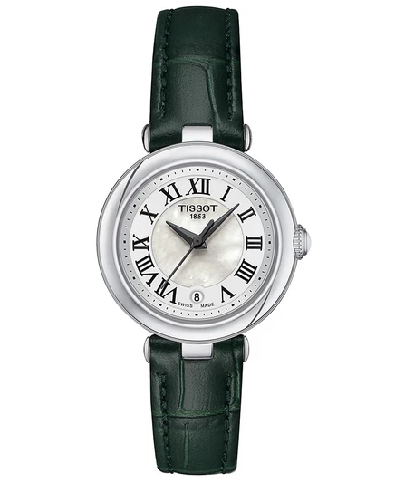 Женские швейцарские часы Tissot Bellissima на зеленом кожаном ремешке 26 мм черного цвета