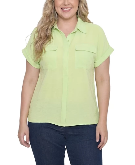 Блузка с короткими рукавами и закатанными манжетами NY Collection Plus Size зеленого цвета
