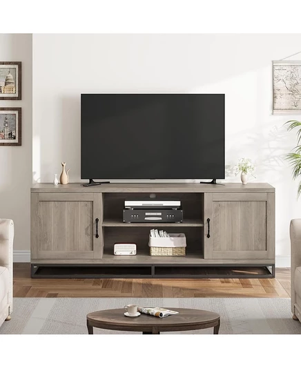 подставка для телевизора gaomon Walnut Farmhouse TV, регулируемые полки и металлические ножки, Большая медиа-консоль для гостиной серого цвета