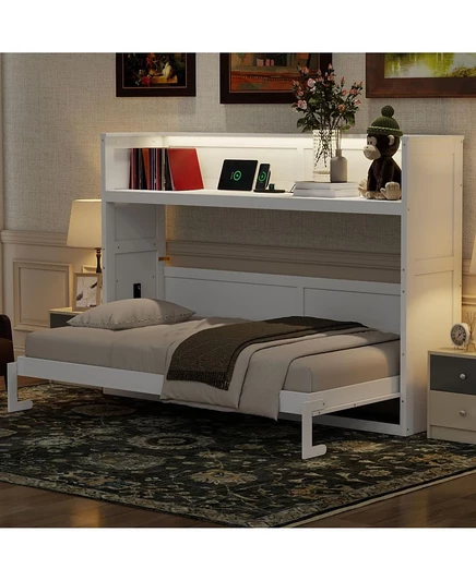 Двухспальная кровать Murphy размера XL от Streamdale Furniture с письменным столом, светодиодной подсветкой и USB-зарядной станцией белого цвета