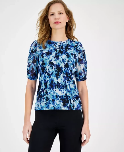 Женский топ Anne Klein с драгоценными камнями и рюшами на шее и рукавах vibrant cobalt multi