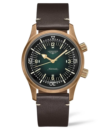 Мужские швейцарские автоматические часы Longines Legend Diver на коричневом кожаном ремешке 42 мм коричневого цвета