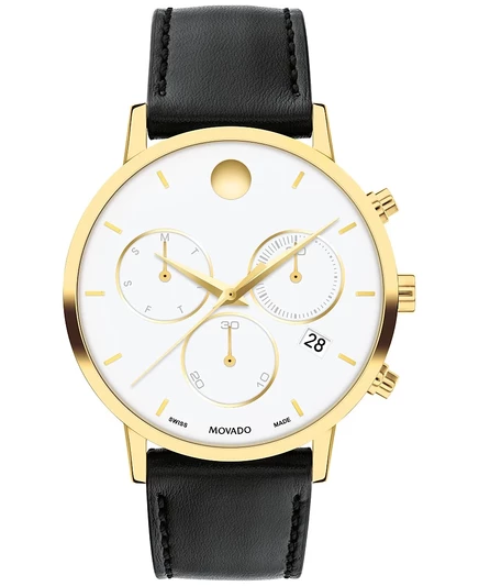 Мужские часы Movado с швейцарским хронографом Museum Classic на черном кожаном ремешке 42 мм черного цвета