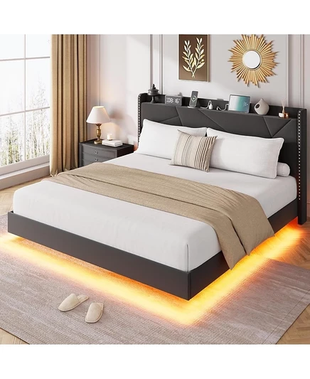 Кровать-платформа gaomon с плавающей обивкой и светодиодной подсветкой RGB- Зарядная станция- Изголовье для хранения вещей - Не требуется пружинный блок - нет цвета