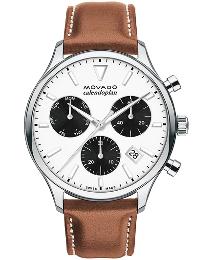 Мужские часы Movado Heritage с коньячно-коричневым ремешком из натуральной кожи, серебро 43 мм