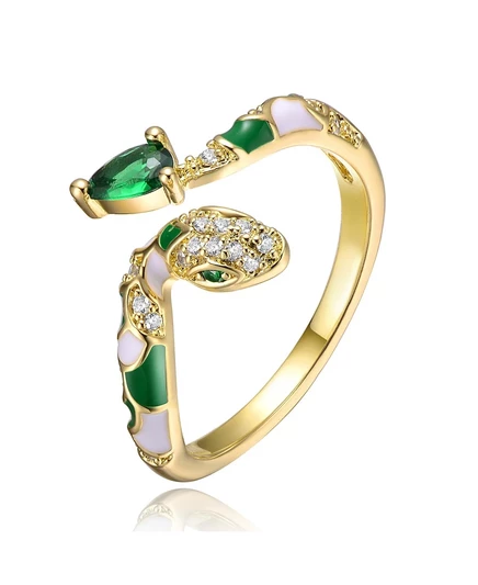 Желтое золото RA 14k, покрытое зеленым и кубическим цирконием, Спиральная змея, открытое обходное кольцо-манжета Serpent зеленого цвета