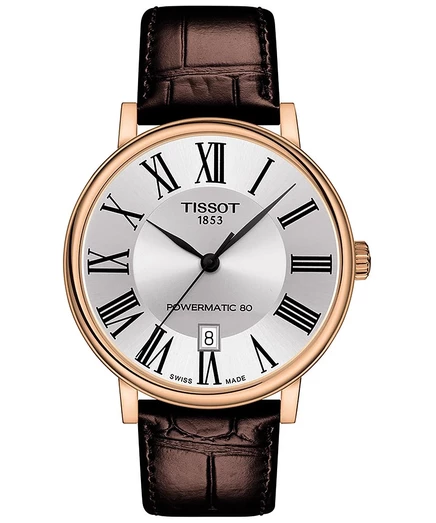 Мужские швейцарские часы Tissot с автоподзаводом Carson Premium Powermatic 80 на коричневом кожаном ремешке 40 мм